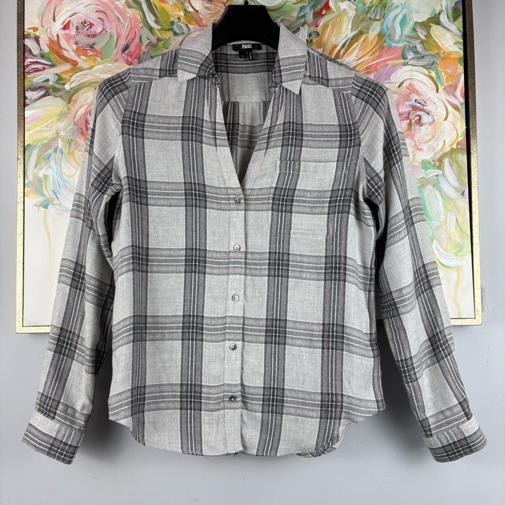 PAIGE Gray Plaid Buttonless Shirt Blouse Size M - Picture 4 of 12
